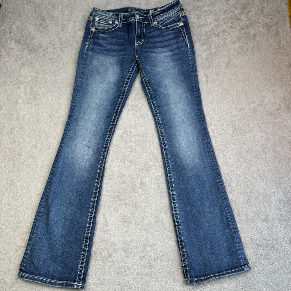 Miss Me Chloe Bootcut Jeans Women 29 Blue Denim Whiskered Classic Y2K Rhinestone